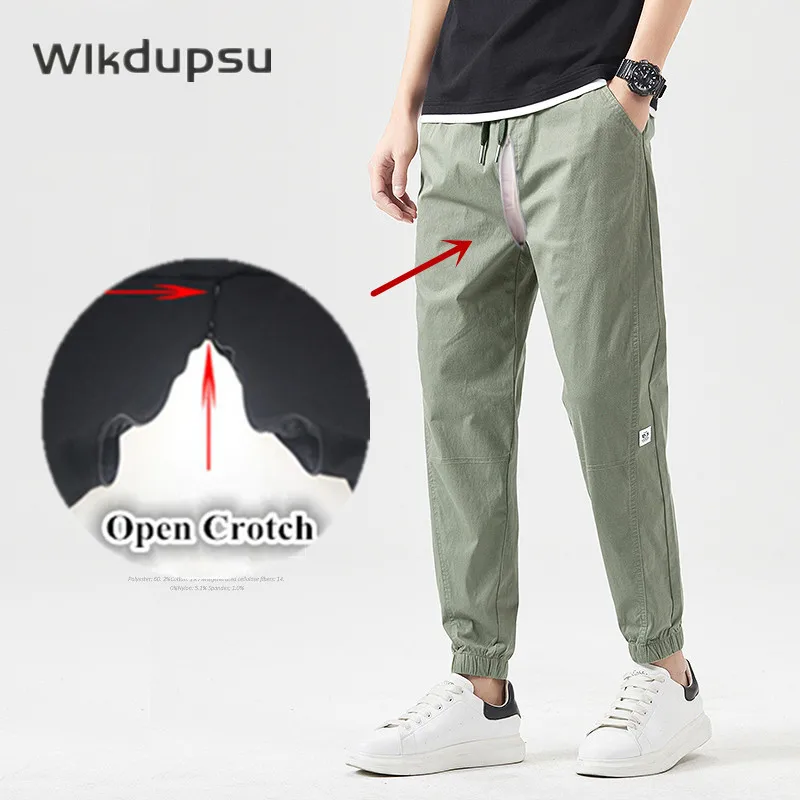 

Cotton Ankle Length Pants Sexy Invisible Double Zippers Open Crotch Pants Outdoor Sex Clothes Mens Korean Casual Harem Trousers