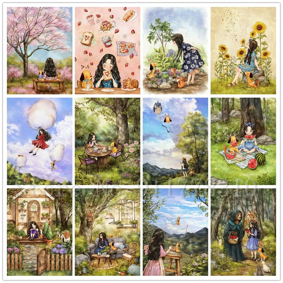 

Cartoon Girl and Dog Diamond Painting 5D Full Square Round Diamond Embroidery Rhinestones Handmade Wall Pictures Home Decoration