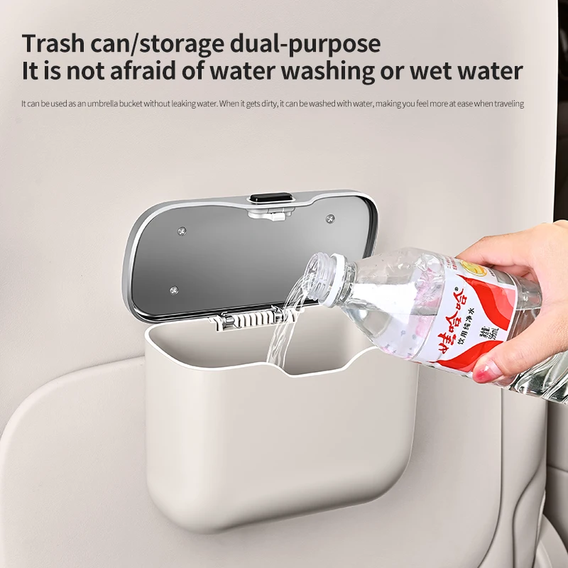 다기능 자동차 쓰레기통(뚜껑 버튼 포함), 습식 및 건식 사용을 위한 걸이형 수납함, 자동차 내부 액세서리, 정리함