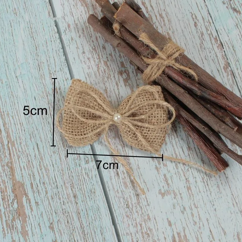 Jute Burlap Hessian Bow with Artificial Bead 10pcs/lot Vintage Wedding Decoration Handmade Craft DIY Christmas Decoration