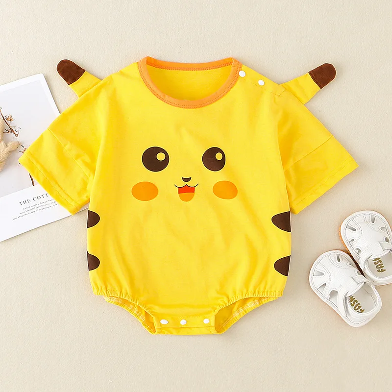 Conjunto macacão de algodão manga curta, personagem de anime fofo, padrão  pikachu, bebê masculino e feminino, pokémon, meias, verão - AliExpress