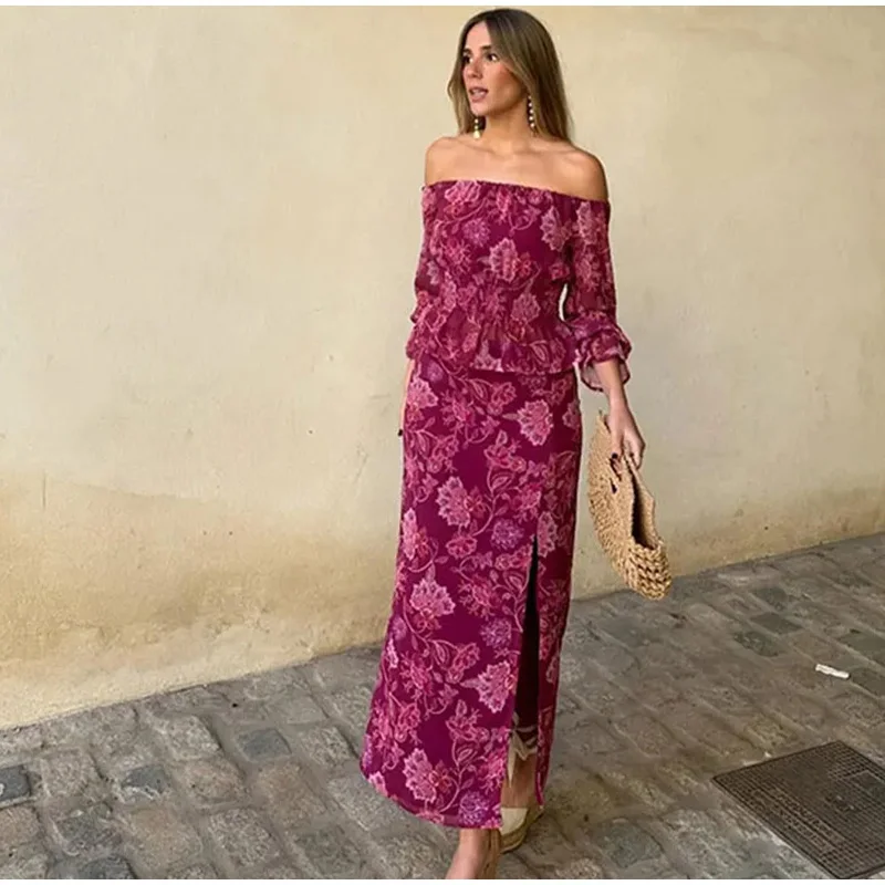 Vintage Print Top Skirt Suits Women One Shoulder Long Sleeve Waist Up Ruffled Hem Tops High Slit Skirt Vacation Beach Outfits