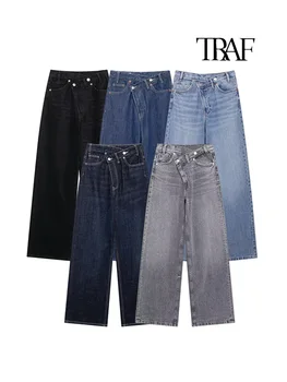TRAF Women's Basic Hundred Jeans New Fashion Asymmetric Design High Waist Wide Leg Trousers Casual Women's Straight Leg Jeans 1