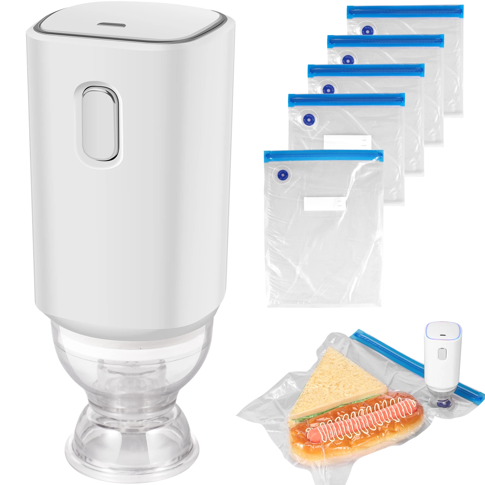 

Portable Vacuum Sealer Set with 5 Zipper Vacuum Bags 400mAh Rechargeable Mini Food Vacuum Sealer 2 Modes Handheld Vacuum Sealer