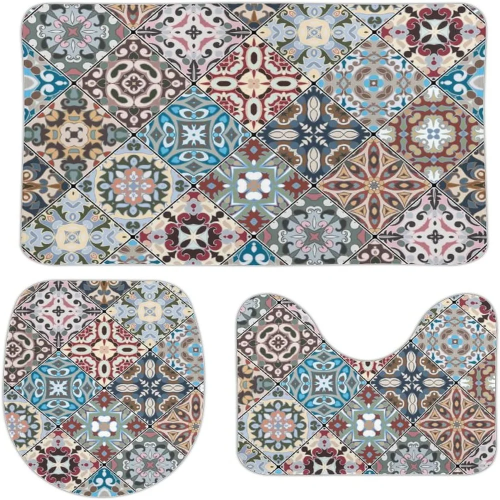 

Geometric Pattern Bathroom Carpet 3-piece set non-slip Carpet Foot mat Toilet Seat mat Bathroom Decor ultra Soft Absorbent