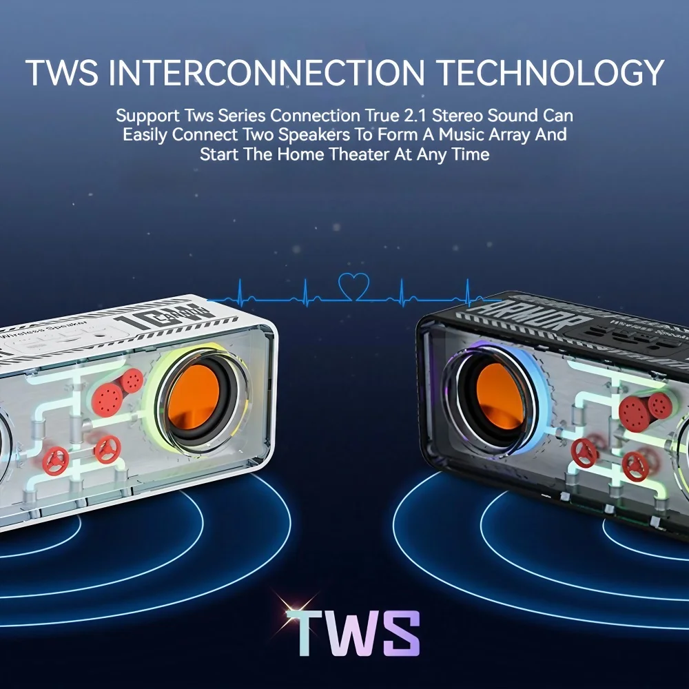 Bluetooth Speaker 1PC Punk Style Dual Transparent Mechanical Wireless LED TWS Bass Diaphragm Sound