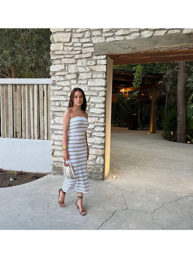 Backless Contrast For Women Dress Slim Holiday Beach Striped High Waist Off-Shoulder Maxi Dress Skinny Casual Long Dress