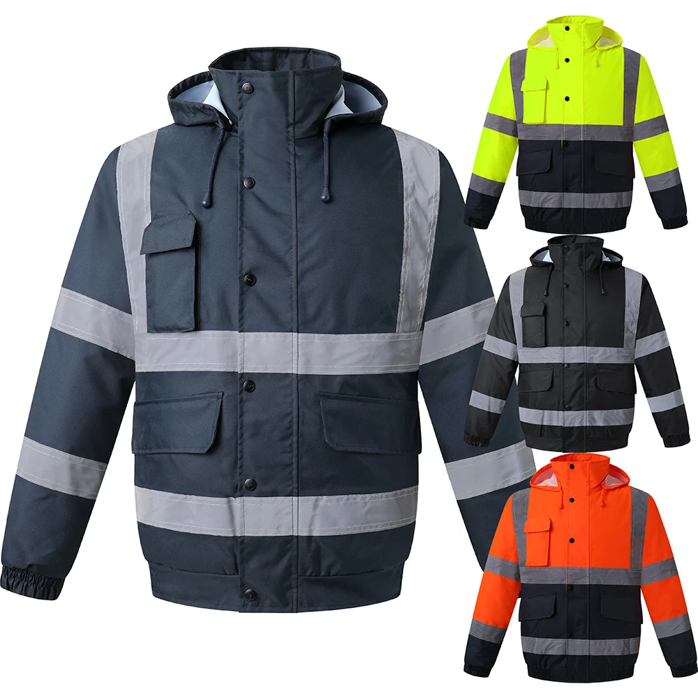 

High Visibility Winter Safety Jacket Reflective Bomber Jacket Insulated Multiple Pockets Safety Workwear For Men