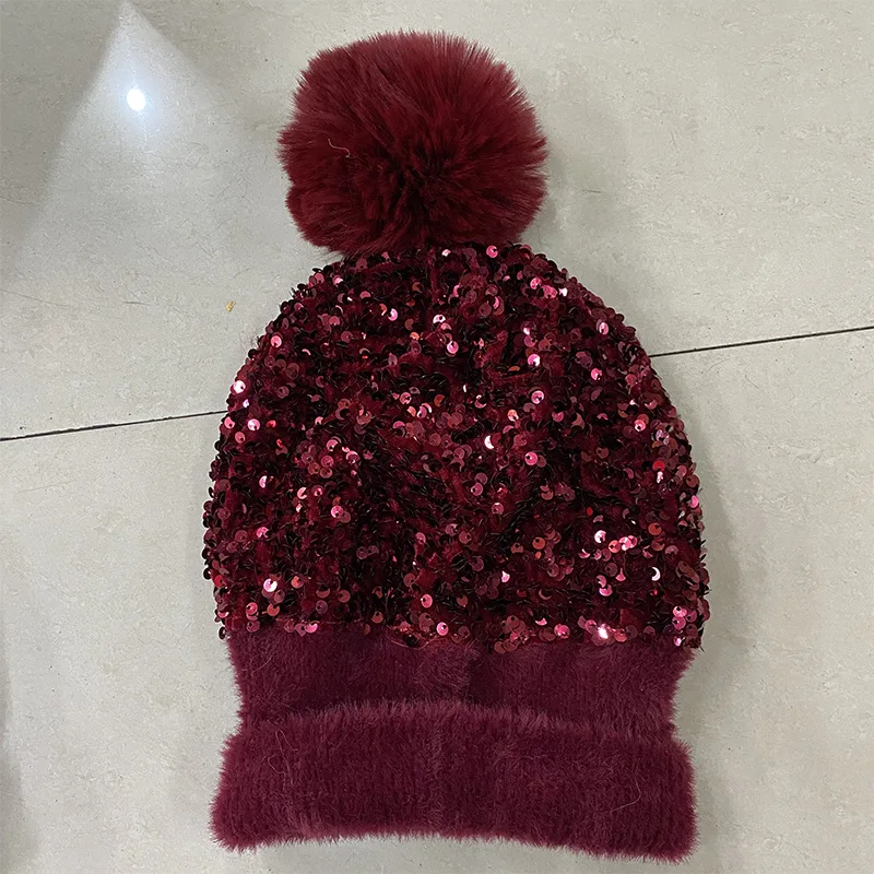 New hat knitted beanie autumn winter sequined furball hat women's korean version women's fashion thickened winter toe hat_voghion.com