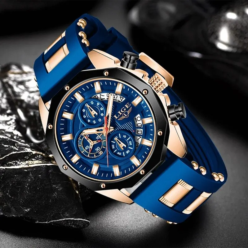 Lige Fashion Mannen Horloges Topmerk Luxe Siliconen Sporthorloge Heren Quartz Dadelklok Waterdicht Polshorloge Chronograaf Klok Man