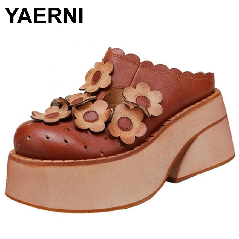 

8.5cm Appliques Ethnic Summer Slippers Shoes New Mocasins Women Genuine Leather Slip on Luxury Fashion Platform sandals