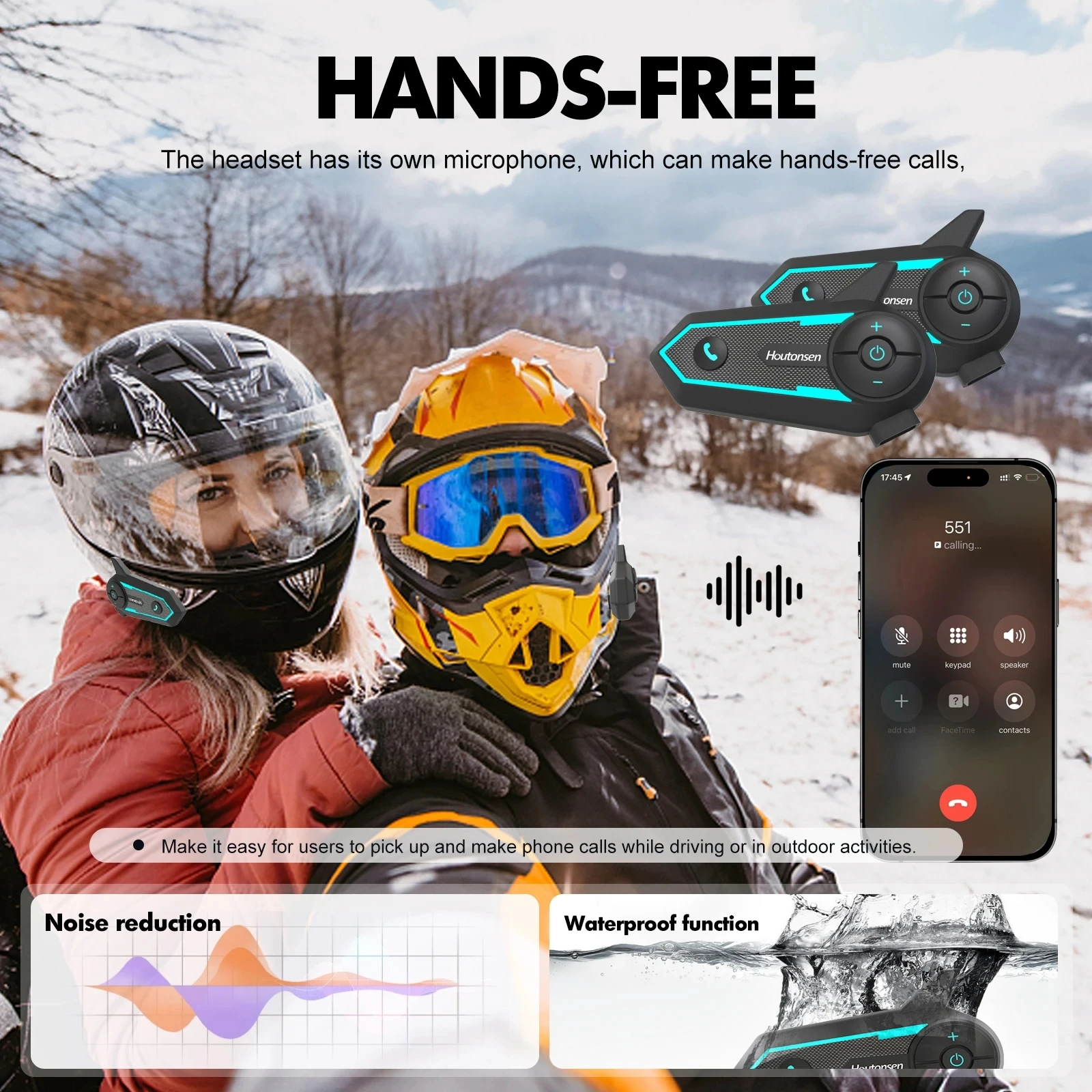 Houtonsen S6 Motorcycle Helmet Bluetooth Headset RGB Light Full-duplex Interphone IP67 Waterproof Hands-free For 2 Riders