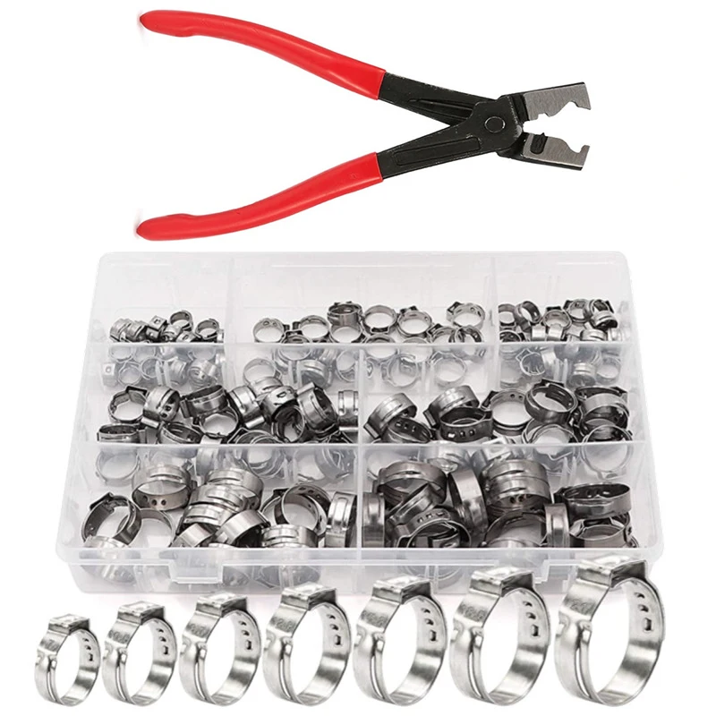 140PCS/Set Car Fuel Water Hose Pipe 5.8-21mm 304 Stainless Steel Single Ear Clamp + 1PCS Clip Pliers |