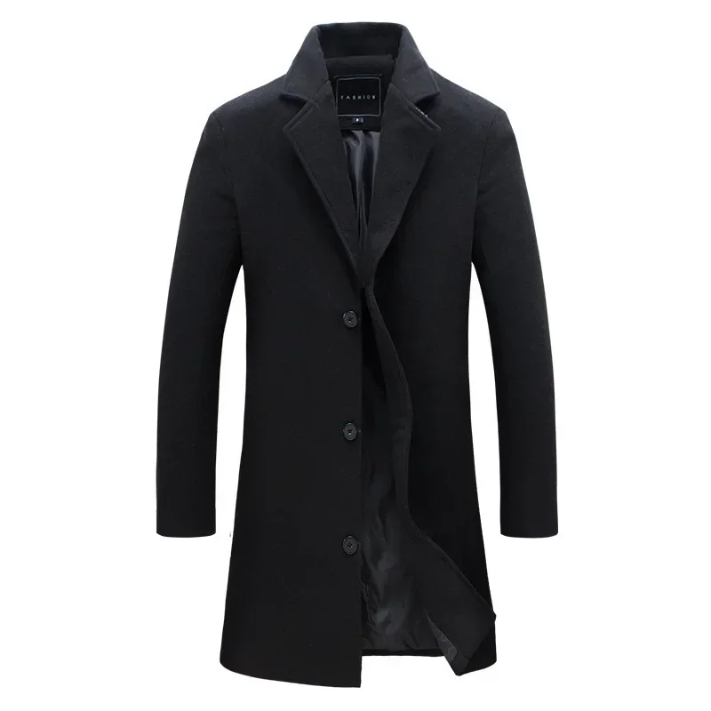 Spring Autumn New Long Cotton Coat New Wool Blend Pure Color Casual Business Fashion Men's Clothing Slim Windbreaker Jacket