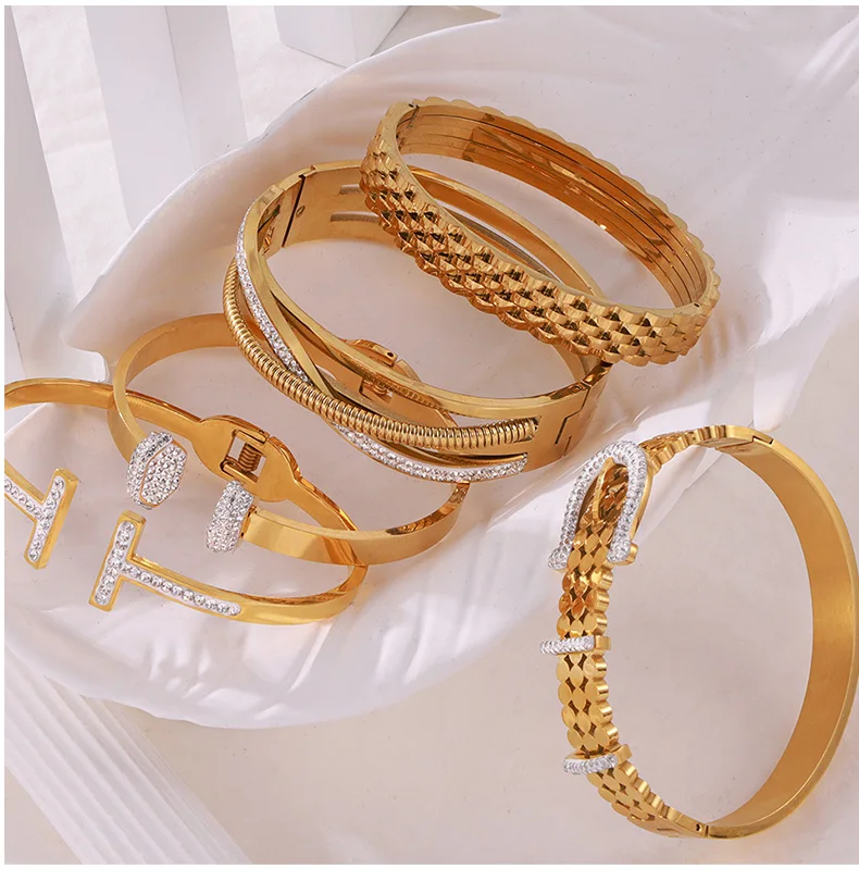 Gürtel Design trend ige Edelstahl Zirkonia Armband für Frauen Vintage glänzende Oberfläche Armreif Luxus schmuck – Detail 2