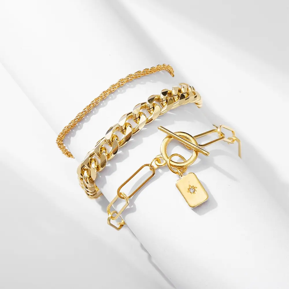 3Pcs Metal Bracelet European And American Style Thick Chain Personality Twist Ot Buckle Tag