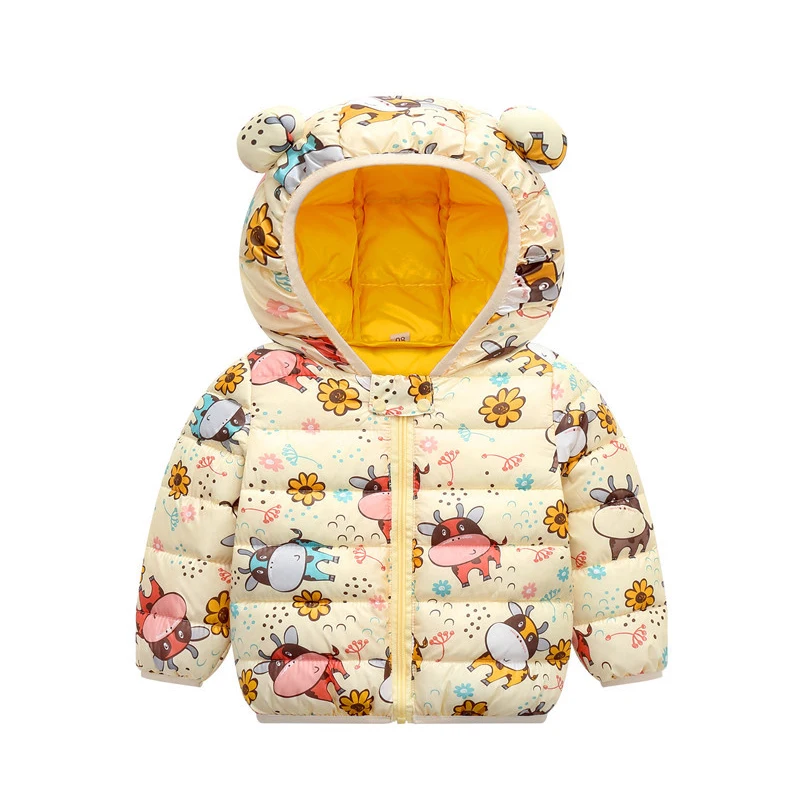 

Зимняя теплая пуховая куртка с капюшоном, милое пальто с мультяшным принтом для мальчиков и девочек от 0 до 5 лет, Beibei, Корейская версия, модная детская одежда