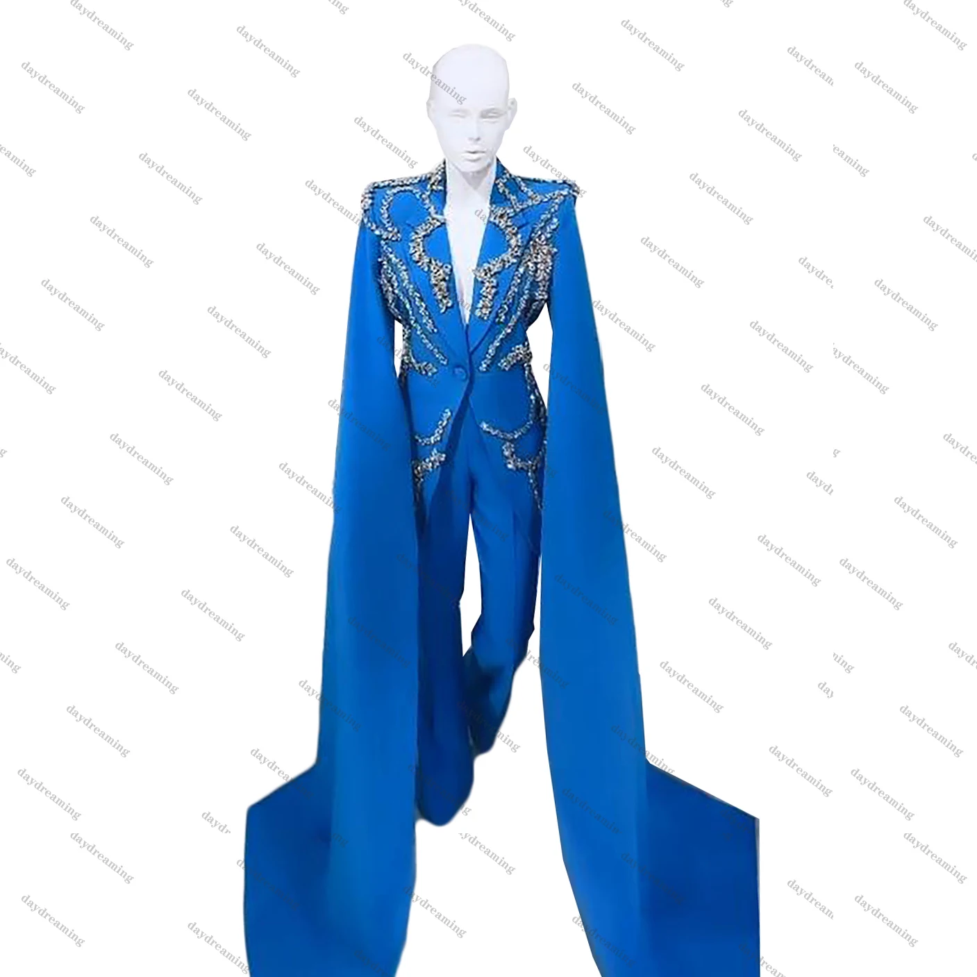 Beads Women Suits Dresses Vintage One Button Jacket Flare Pants Party Gown 2 Pcs