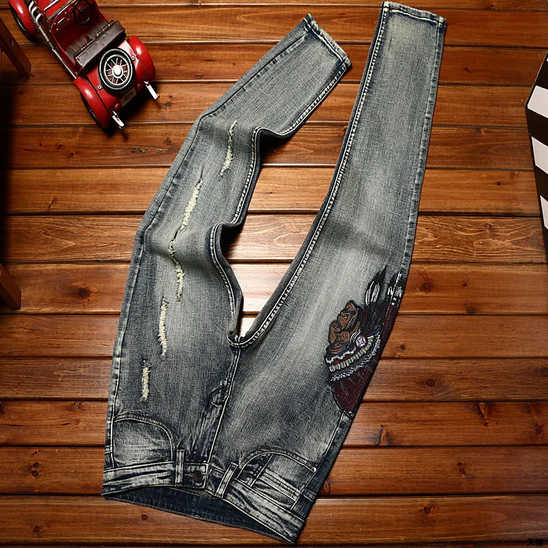 Indian embroidered jeans men's stretch fashion high-end men's slim fit ankle-tied trendy scratch street casual pants