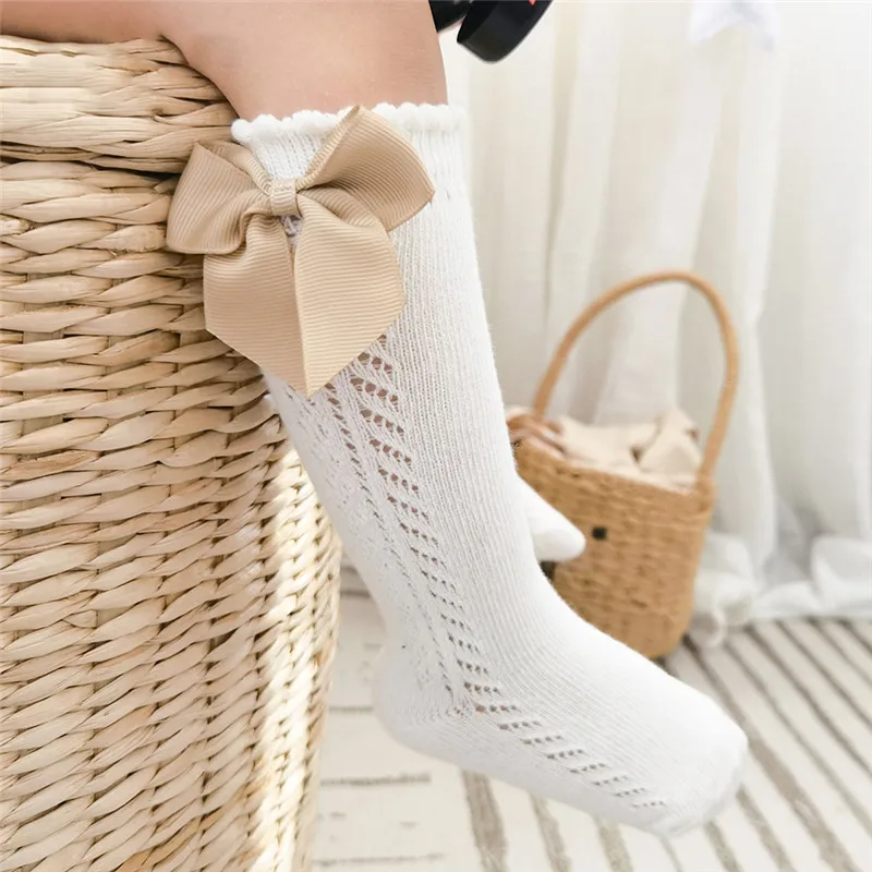 Cotton Socks Children Socks Summer Kids Knee High Socks Baby Girls Boys Bow Long Sock Soft Cotton Mesh Breathable Children Hollow Out Socken 0-7 Years