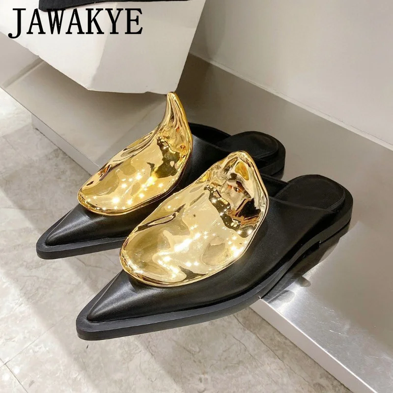 

Genuine Leather Metal Decor Slippers Women Shoes Pointed Toe Slip On Half Slides Female Women Shoes New Designer Mules Femininas
