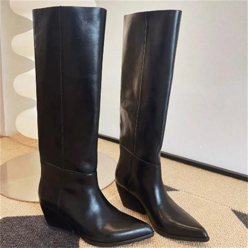 

Sewing Lines Shoes for Women Pointed Toe Chassure Femme Black Ladies' Boots Churry Mid Heels Leather Zapatos Mujer Solid Botas