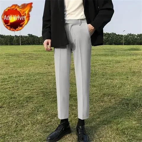 thumbnail image 1 of Pantalones de traje de negocios rectos y ajustados para hombre, de cintura alta, fluidos, para oficina, trabajo, social, sastrería, pantalones trenzados para hombres., 1 of 5