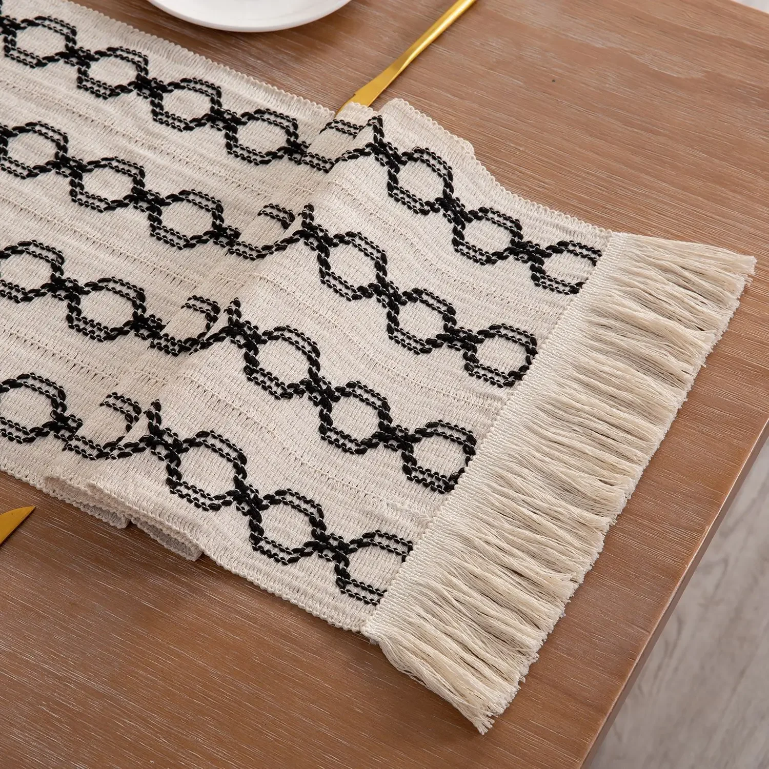 6640-L Cotton and linen table flag striped splicing woven tassel table flag modern simple long tablecloth 2