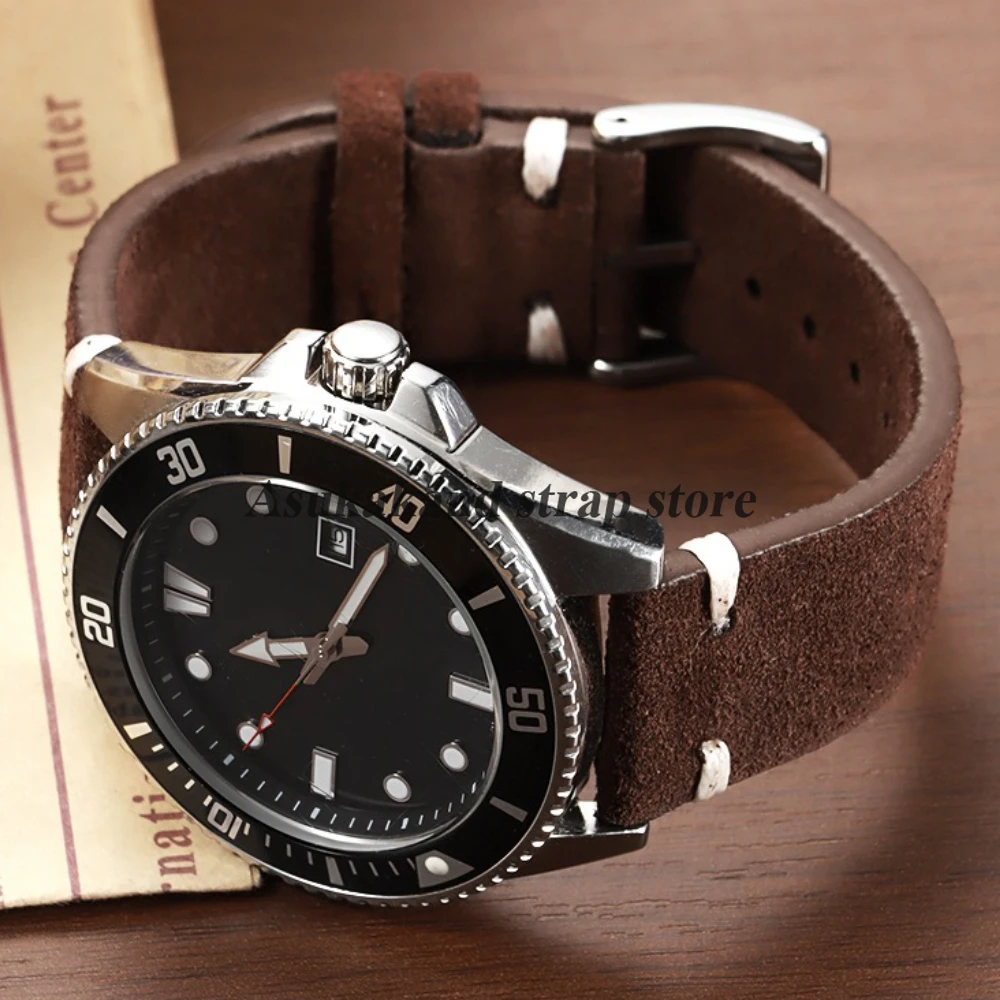 Quick Release Suede Stitching Genuine Leather Watch Band with Butterfly Buckle - Men's Straps