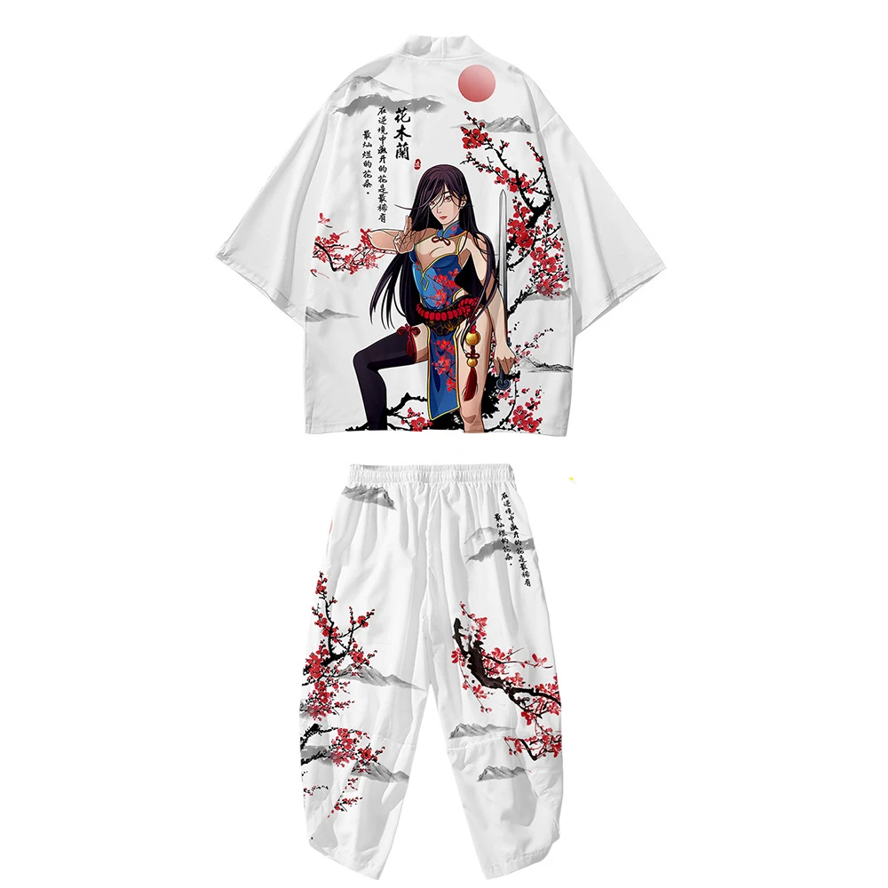 Summer Black Print Men's Kimono Top Set Loose Kimono Casual Fashion Jacket and Pants Japanese Casual Cropped Pants Oversized 6Xl