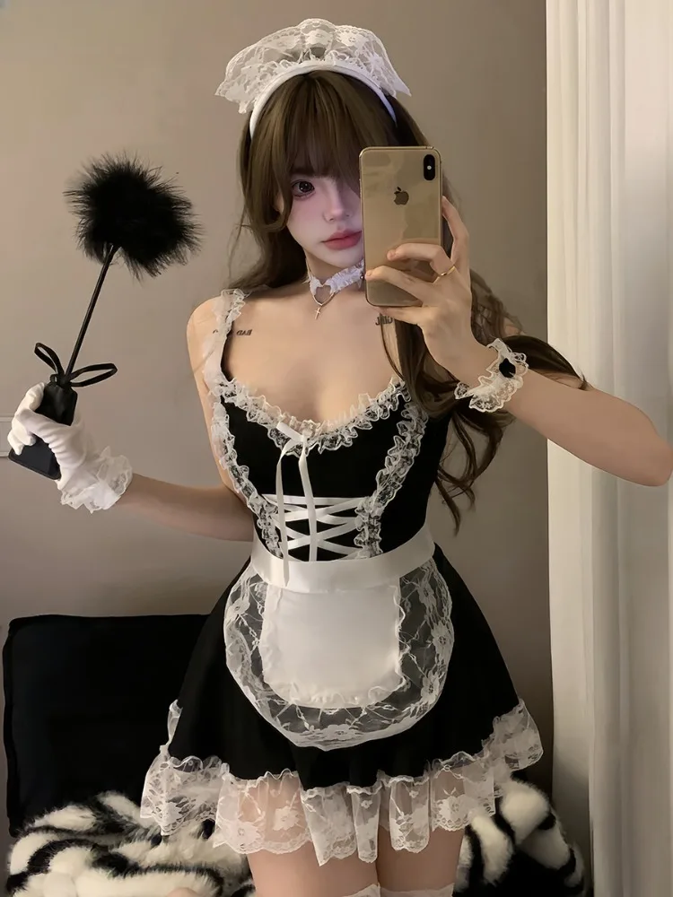 Anime Maid Dress Women Sexy Cosplay Lingerie Costumes Servant Apron with Panties Set Uniform Lolita Exotic Clothing Lace White