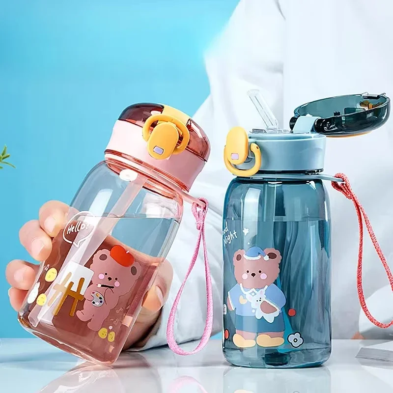 Water bottle cartoon teddy bear children plastic portable with rope one click open cover straw