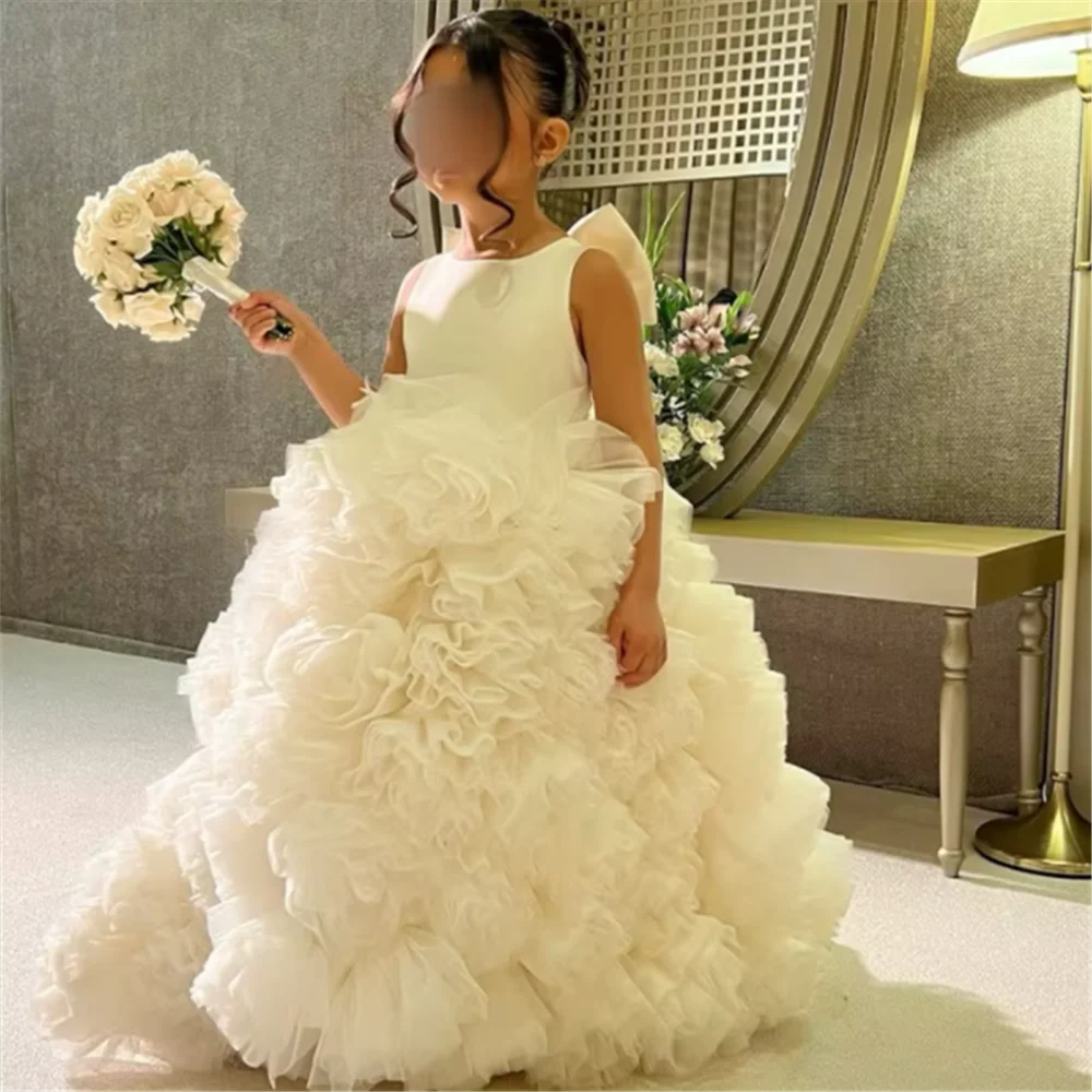 Luxury White Ivory Flower Flower Girl Dresses Pearls Dubai Kids Princess Birthday Wedding Party Children Holiday Gown flower girl dresses