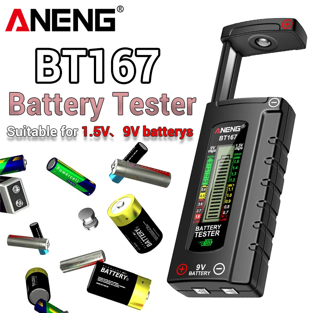 Battery Tester ANENG BT167 Battery Detector LCD Display C AA AAA D 9V 1.5V Universal Button Cell Tester Volt Test Checker Power Diagnostic Tool