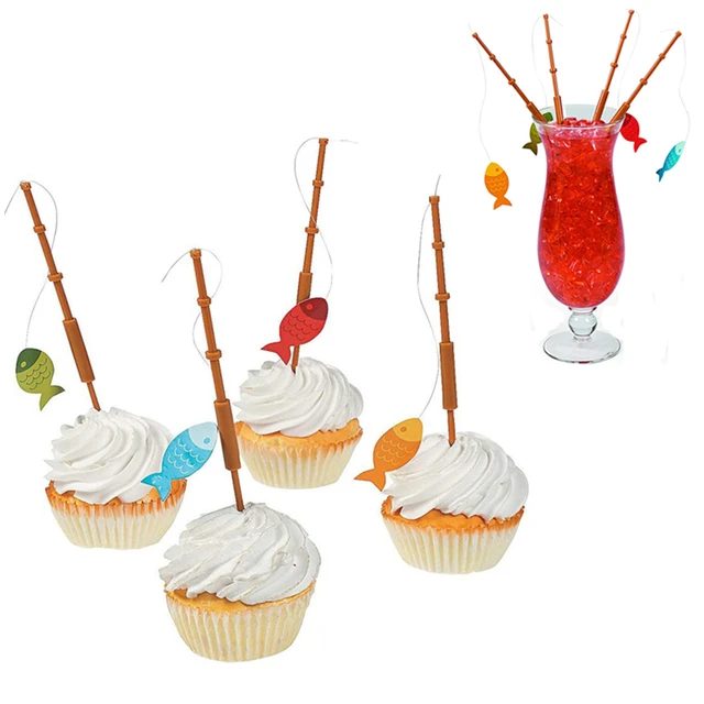 3Pcs Mini Small Plastic Fishing Rod Cupcake Toppers Birthday Party favors  Snack Cake Decorations Cocktail Picks