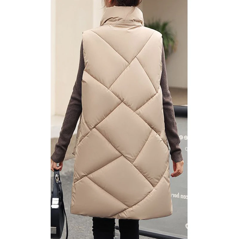 Autumn Winter Women Korean Fashion Sleeveless Down Cotton Padded Vest Coat Casual Loose Zipper Hooded Jacket Mid Length Parkas