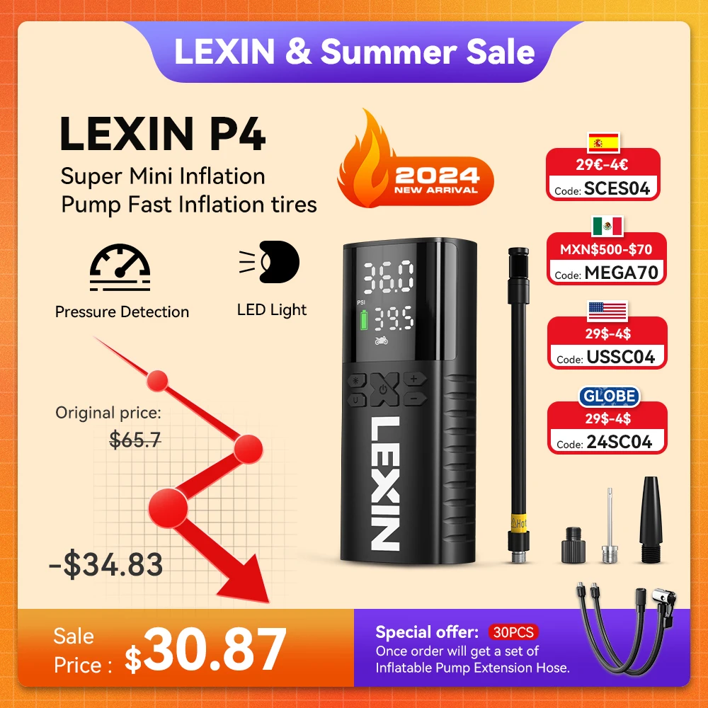 2023 Lexin P4 스마트 에어 펌프, LED 디지털 및 프리셋 압력 팽창, 오토바이 타이어 팽창기, 자전거 보트, 4000mAh 