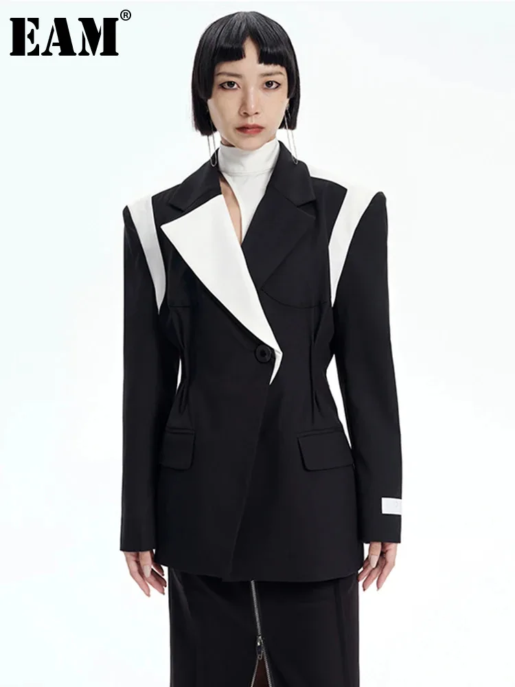 

[EAM] Women Black Color-block Elegant Blazer New Lapel Long Sleeve Loose Fit Jacket Fashion Tide Spring Autumn 2024 1DF0762