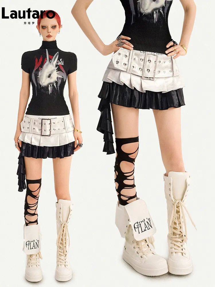 Lautaro Spring Summer Silver Patchwork Black Pu Leather Mini Skirt Women Belt Luxury Designer Punk Style Clothes Streetwear 2026