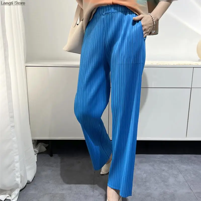 Spring Summer Women Elegant Pleated Trousers Casual Loose Straight Pleated Pants High Waist Wide Leg Pants