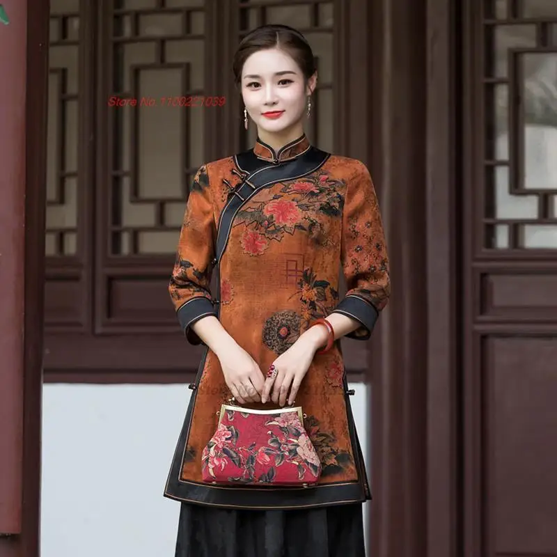 

2024 traditional chinese vintage blouse improved cheongsam national flower print satin qipao tops oriental elegant tang suit