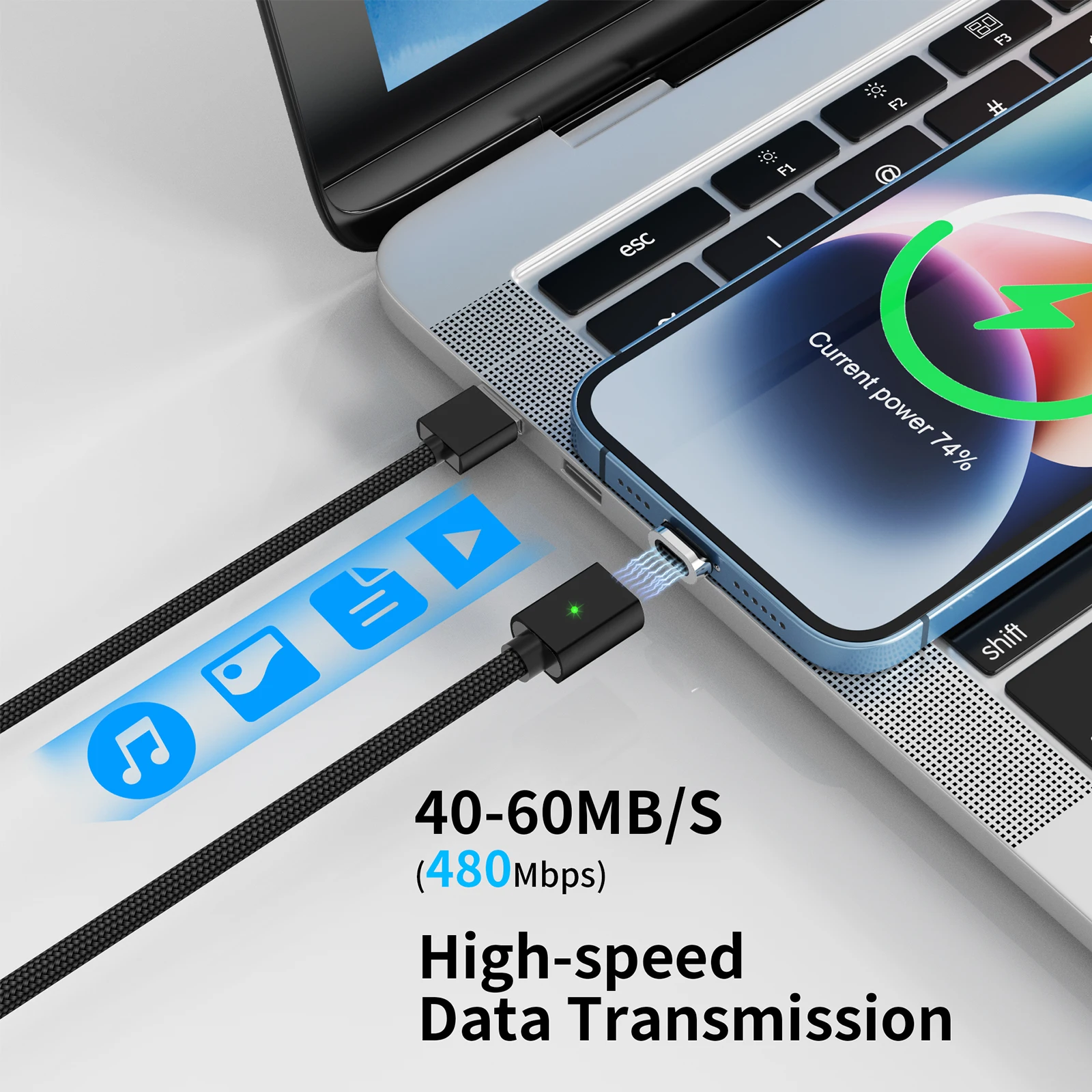 Magnetic 3-in-1 USB Charging Cable with Interchangeable Magnetic Heads - 3m