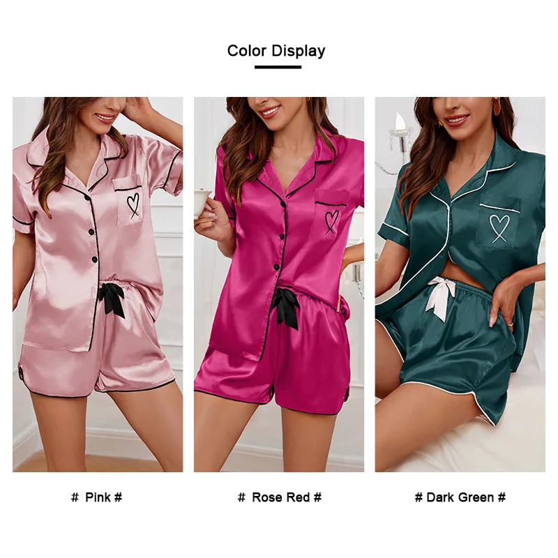 Women's Pajamas Lounge Set Heart Embroidered Pocket Patched Sleepwear Button Down Short Sleeve Top & Shorts Pyjama Home Clothing 4