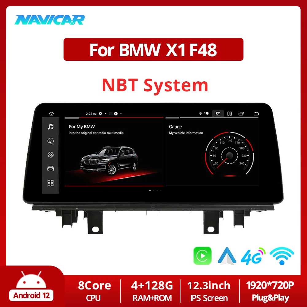 

NAVICAR 12,3 дюймов для BMW X1 F48 NBT система 2016-2017 автомобильное радио Carplay Android 12 Автомобильный стерео Мультимедийный плеер GPS 1920*720P