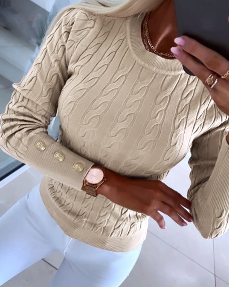 

2024 Spring Autumn O-neck Long Sleeve Buttoned Braided Knit Sweater Round Neck Long Sleeve Sexy Skinny Solid Color Pullover Tops