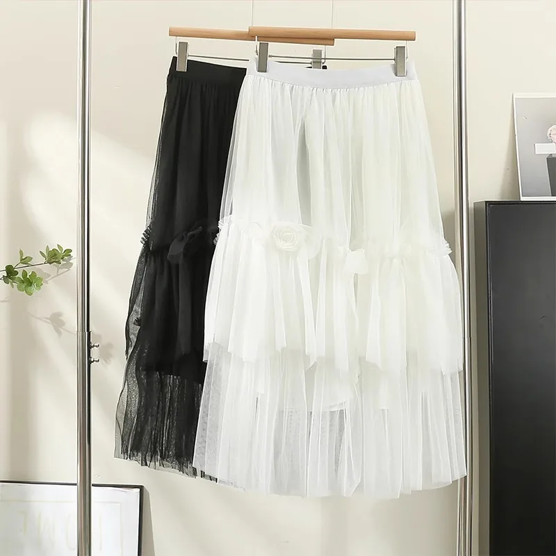 

Chic A-line Longskirts for Women Autumn Mesh Fluffy Mid-Calf Skirts Womens Skirt Female French Sweet Princess Style Dropshipping