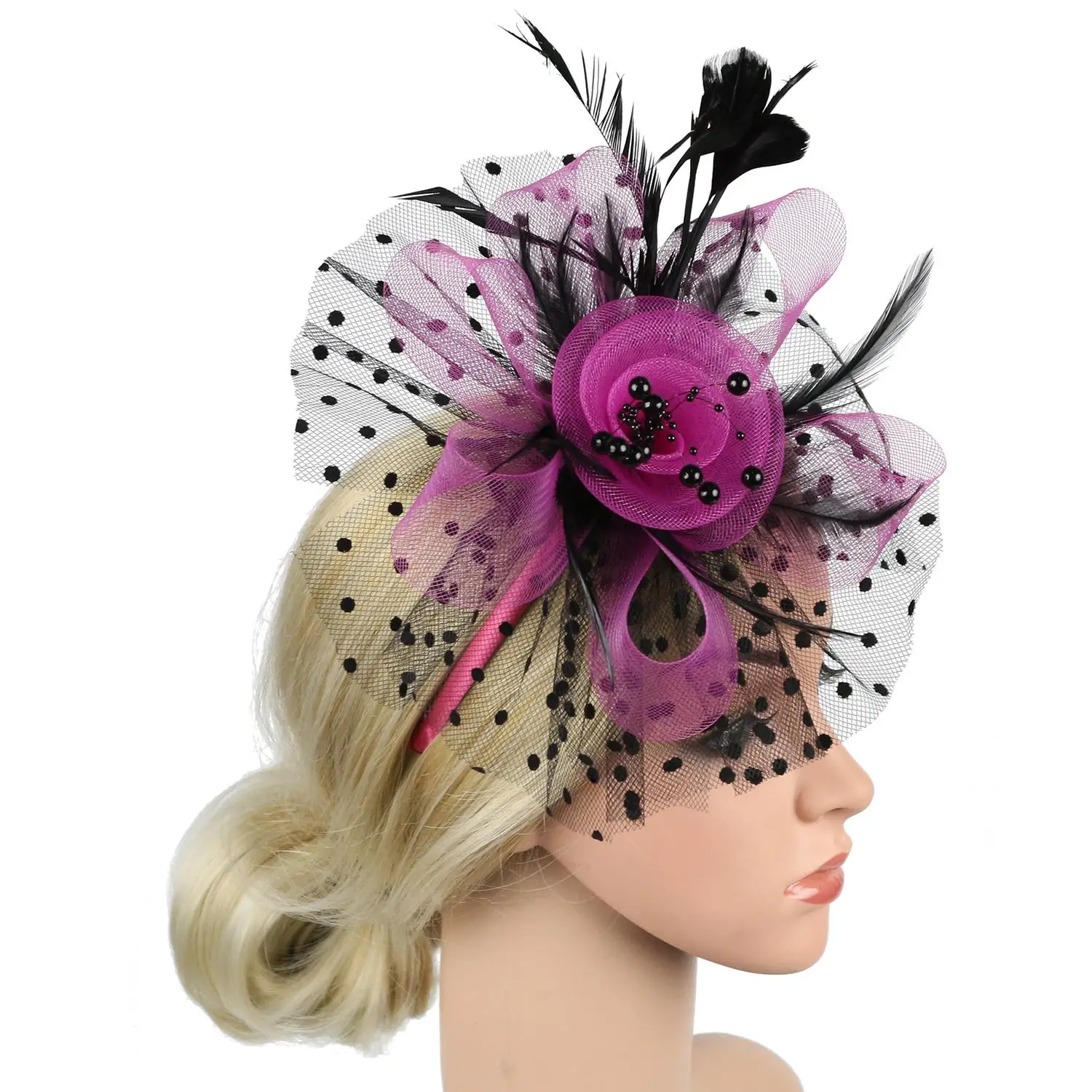 Elegant Women's Mesh Flower Feather Fascinator Headband and Hair Clip