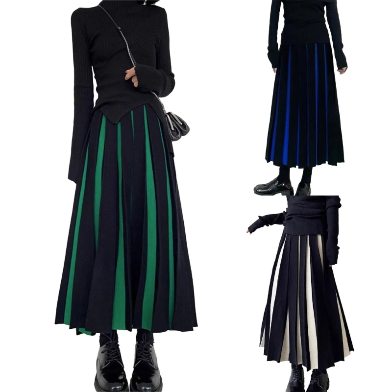 

Women Vintage Colorblock Pleated High Elastic Waist A-Line Knit Midi Long Skirt N7YF
