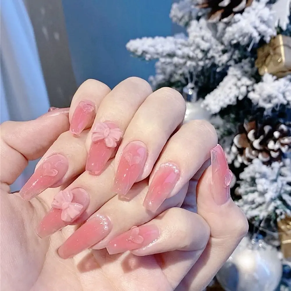 2022 New Pink Bow Tie Design Detachable Coffin False Nails With Press Glue  Ballerina Fake Nails Press On Nails Tip Manicure Tool - False Nails -  AliExpress