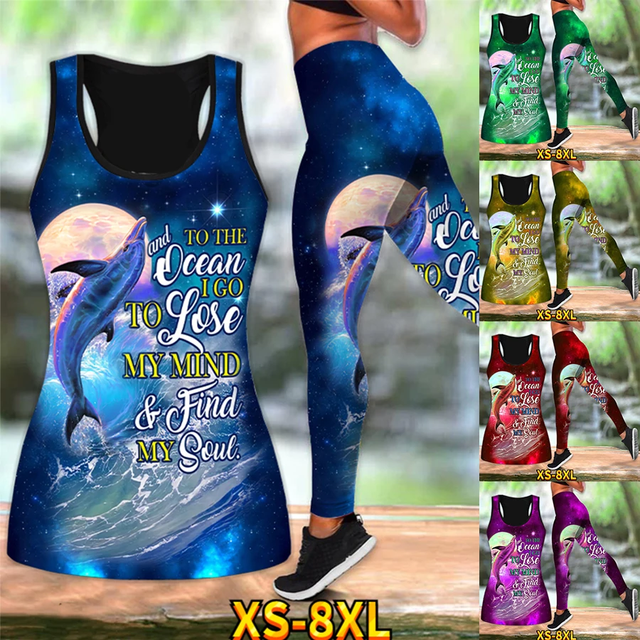 Whale Print Ladies Sexy Gilet Traspirante Quick Dry Yoga Pantsr Suit Running Fitness Color Print Summer Style Xs-8Xl